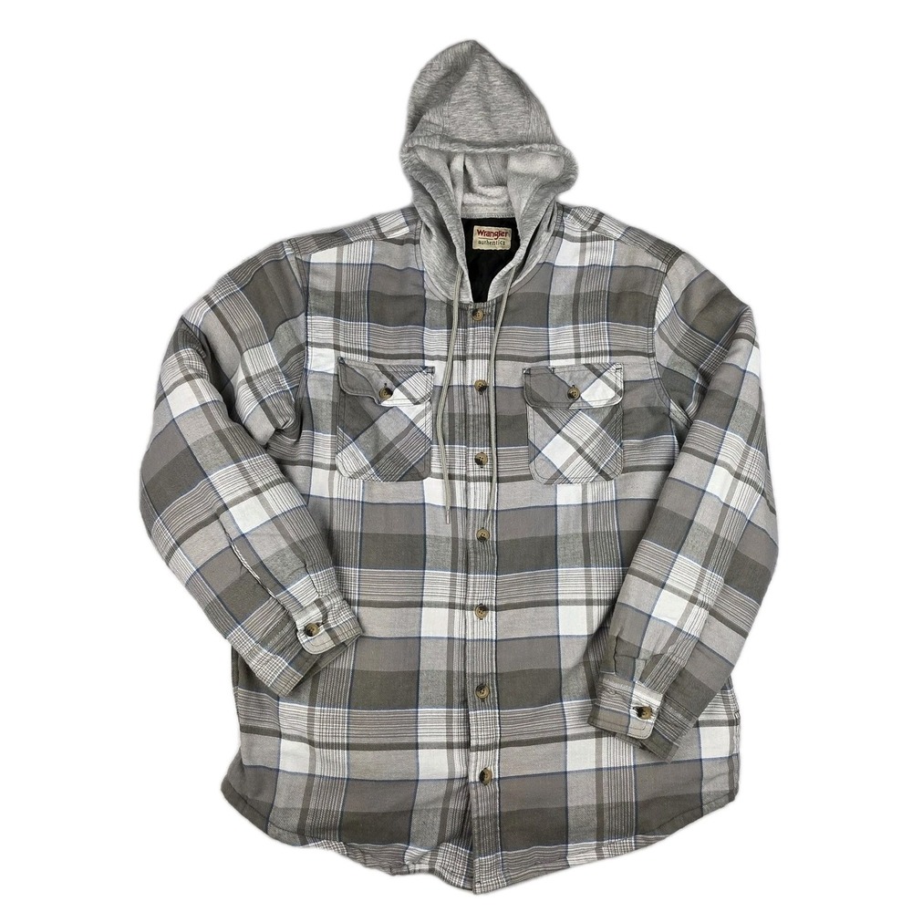 Wrangler Authentics Hooded Flannel Jacket Mens Large Plaid Quilt Lined‎ Thick